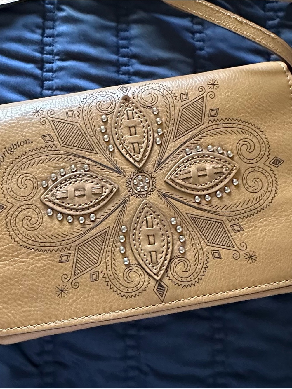 Brighton Tan Leather Crossbody with Floral Embossing and Studs